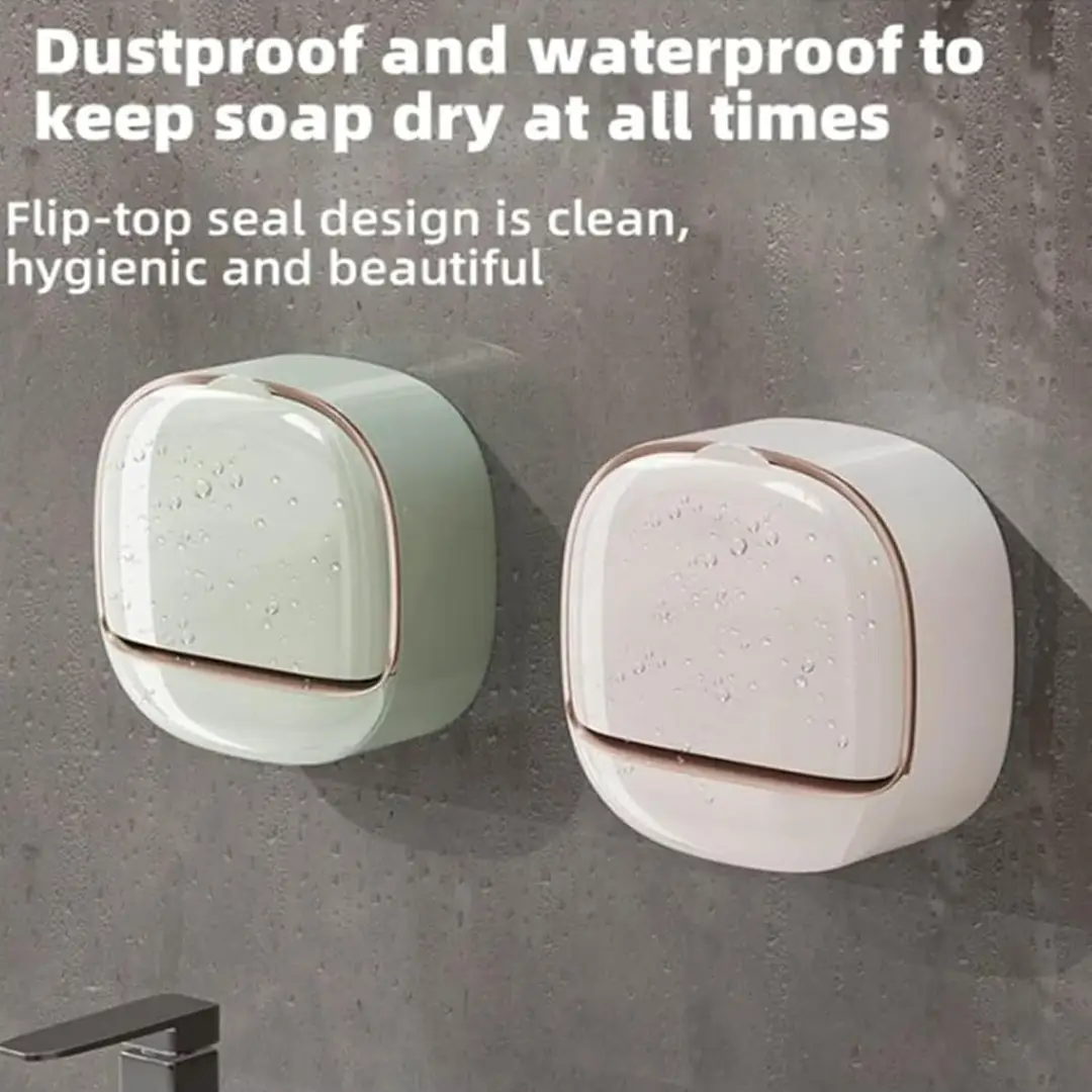Wall Mounted Soap Box with Drain Tray – Waterproof Soap Holder with Lid, Self-Adhesive Bathroom Soap Case Organizer