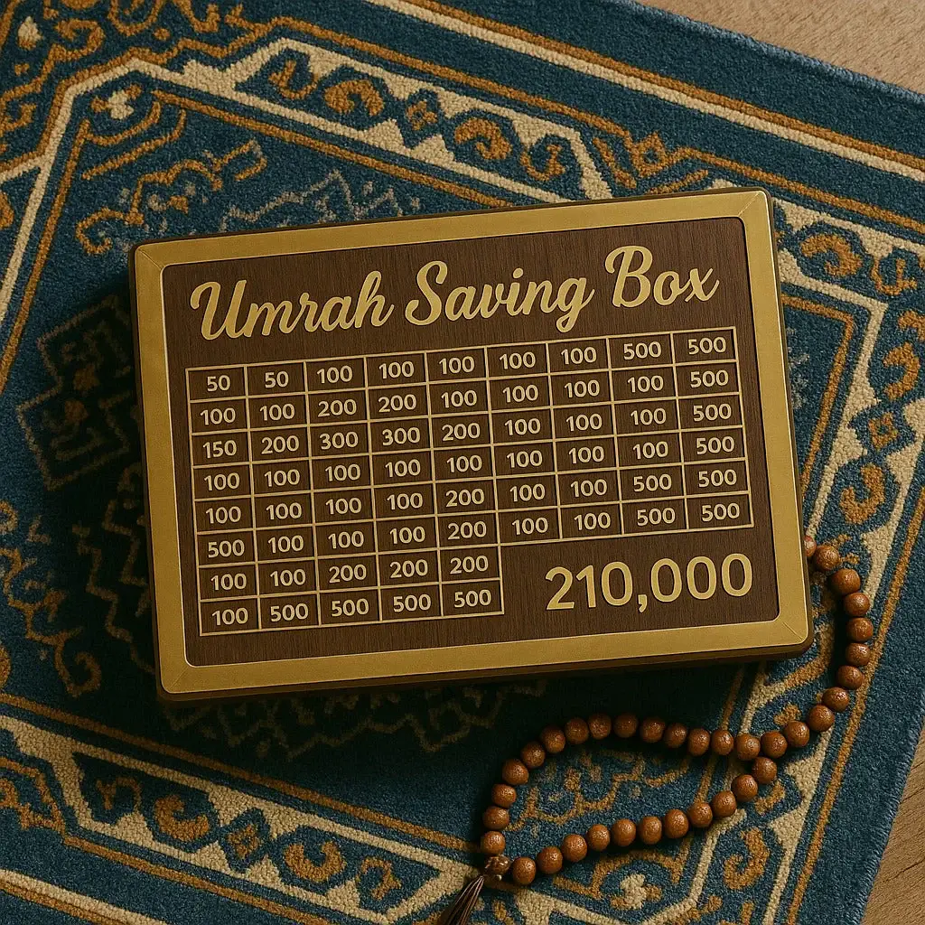 Wooden Umrah Saving Box with 280 Days Tracker | Islamic Money Saving Box for Hajj & Umrah | Halal Cash Box Gift for Muslims | Daily Pilgrimage Goal Jar