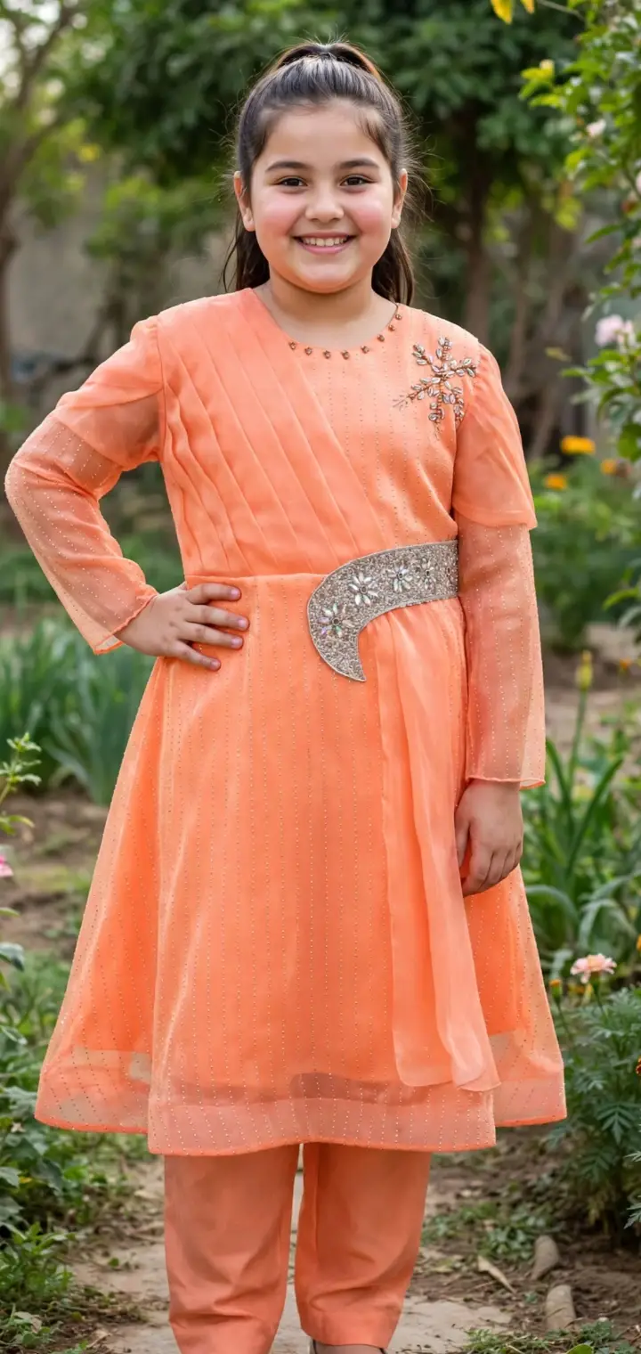 2 piece orange embroidery frock (size  30 ,32 34 )