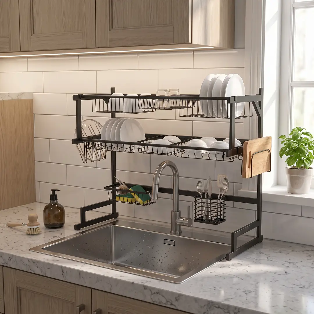 Double Sink Dish Drying Rack Over Sink | Dish Rack | One & Two Layer Sink Rack For Double sink | Space Saving Kitchen Organizer With Cutlery Holder, Fruit Basket & Glass Stand