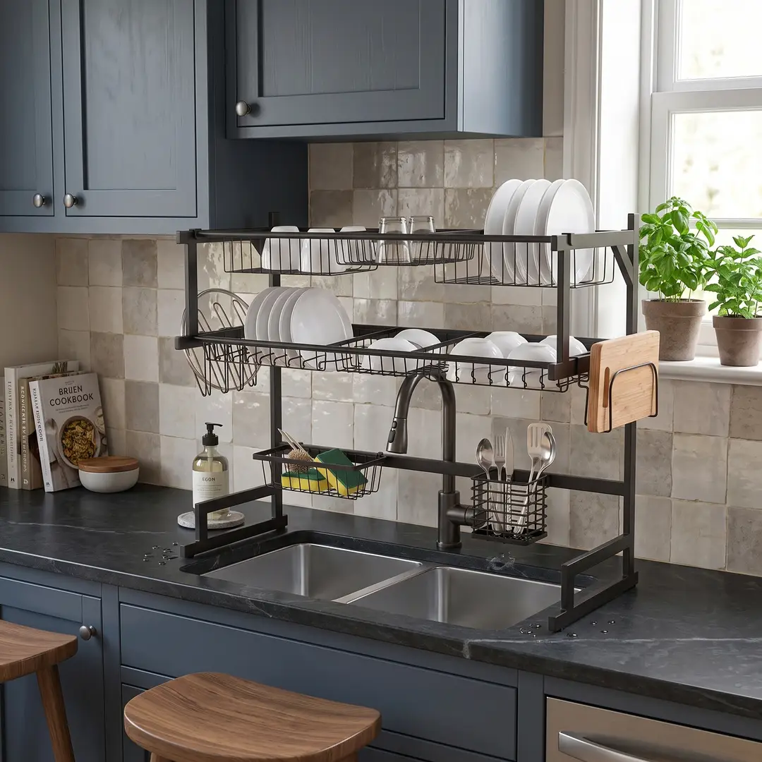 Double Sink Dish Drying Rack Over Sink | Dish Rack | One & Two Layer Sink Rack For Double sink | Space Saving Kitchen Organizer With Cutlery Holder, Fruit Basket & Glass Stand