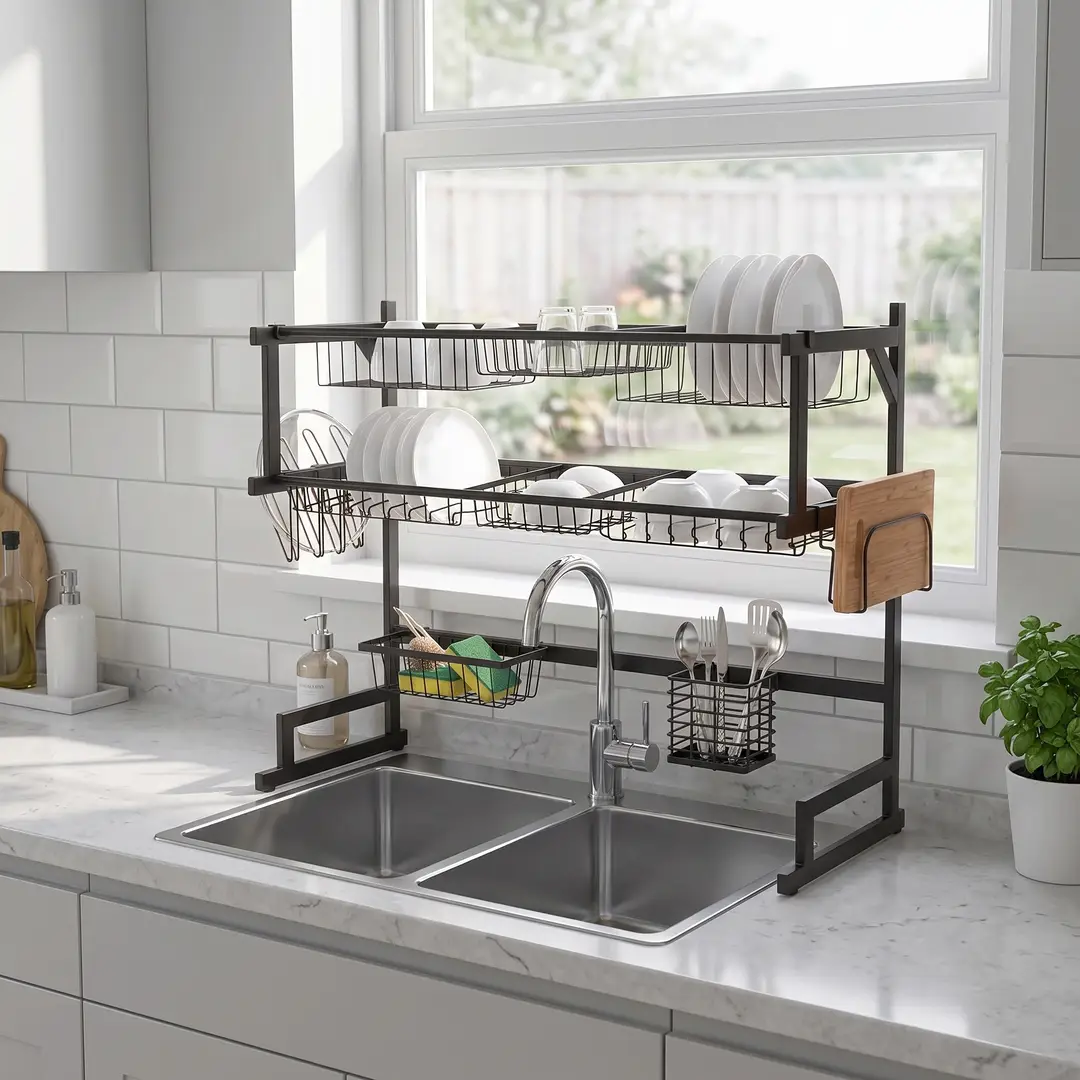Double Sink Dish Drying Rack Over Sink | Dish Rack | One & Two Layer Sink Rack For Double sink | Space Saving Kitchen Organizer With Cutlery Holder, Fruit Basket & Glass Stand