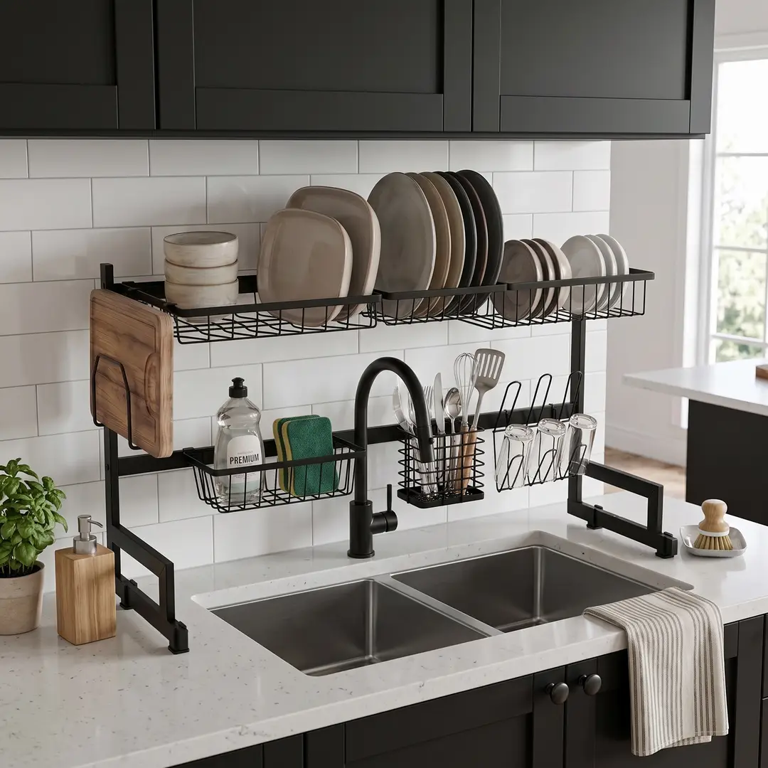 Over The Sink Dish Drying Rack with Fruit Basket Kitchen Counter Bowl Fork Cup Spoon Dish Drainer Dish Rack Matte Black