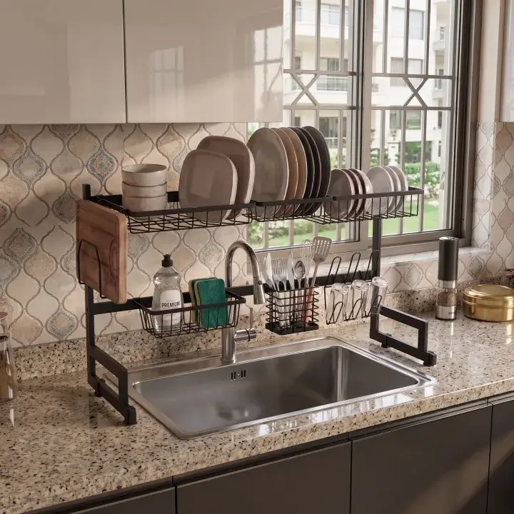 Over The Sink Dish Drying Rack with Fruit Basket Kitchen Counter Bowl Fork Cup Spoon Dish Drainer Dish Rack Matte Black