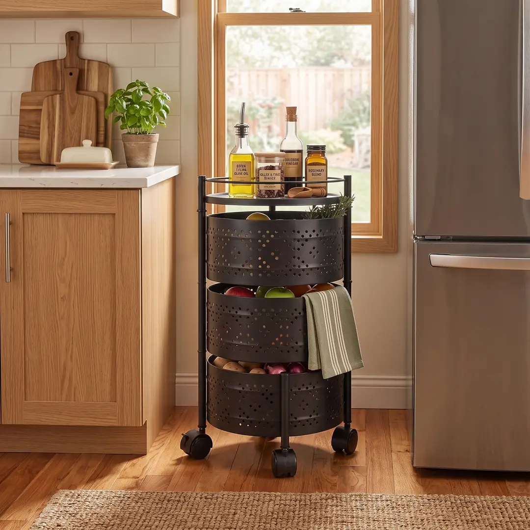 3-Tier Round Shape Rolling Storage Trolley with Wheels | Fruit & Vegetable Basket Drawer Organizer Trolley for Kitchen, Bathroom, Office & Home | Multi-Purpose Storage Rack Stand