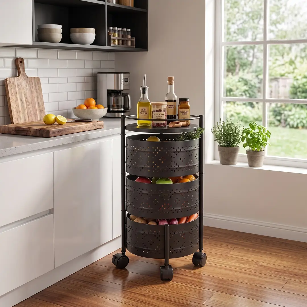 3-Tier Round Shape Rolling Storage Trolley with Wheels | Fruit & Vegetable Basket Drawer Organizer Trolley for Kitchen, Bathroom, Office & Home | Multi-Purpose Storage Rack Stand