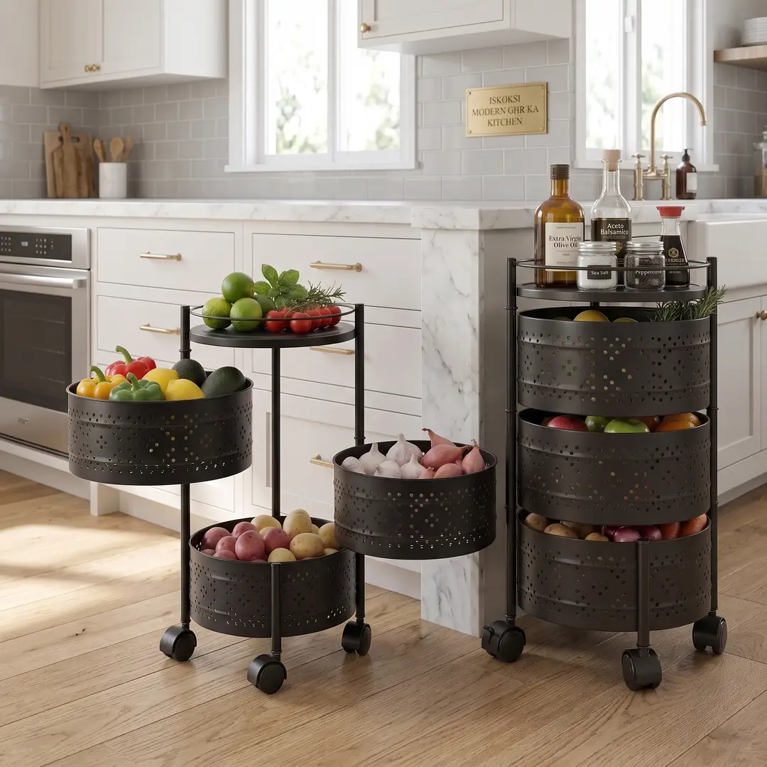 3-Tier Round Shape Rolling Storage Trolley with Wheels | Fruit & Vegetable Basket Drawer Organizer Trolley for Kitchen, Bathroom, Office & Home | Multi-Purpose Storage Rack Stand