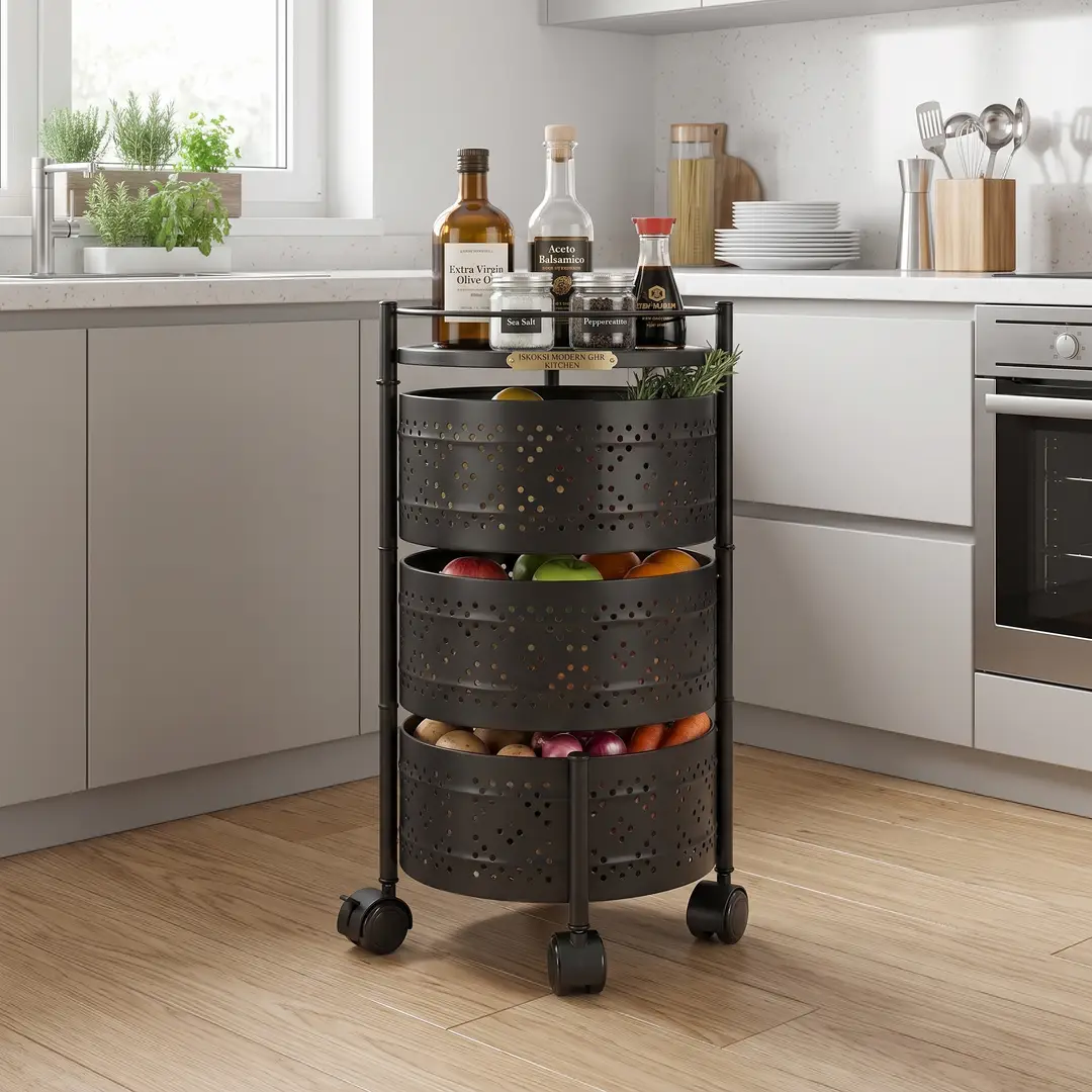3-Tier Round Shape Rolling Storage Trolley with Wheels | Fruit & Vegetable Basket Drawer Organizer Trolley for Kitchen, Bathroom, Office & Home | Multi-Purpose Storage Rack Stand