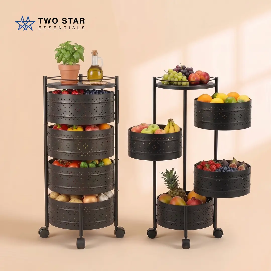 4-Tier Round Shape Rolling Storage Trolley with Wheels | Fruit & Vegetable Basket Drawer Organizer Trolley for Kitchen, Bathroom, Office & Home | Multi-Purpose Storage Rack Stand