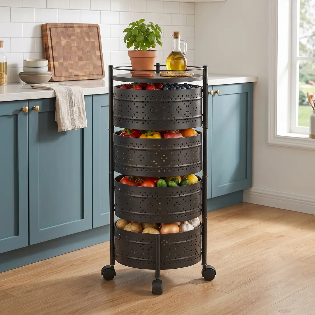 4-Tier Round Shape Rolling Storage Trolley with Wheels | Fruit & Vegetable Basket Drawer Organizer Trolley for Kitchen, Bathroom, Office & Home | Multi-Purpose Storage Rack Stand
