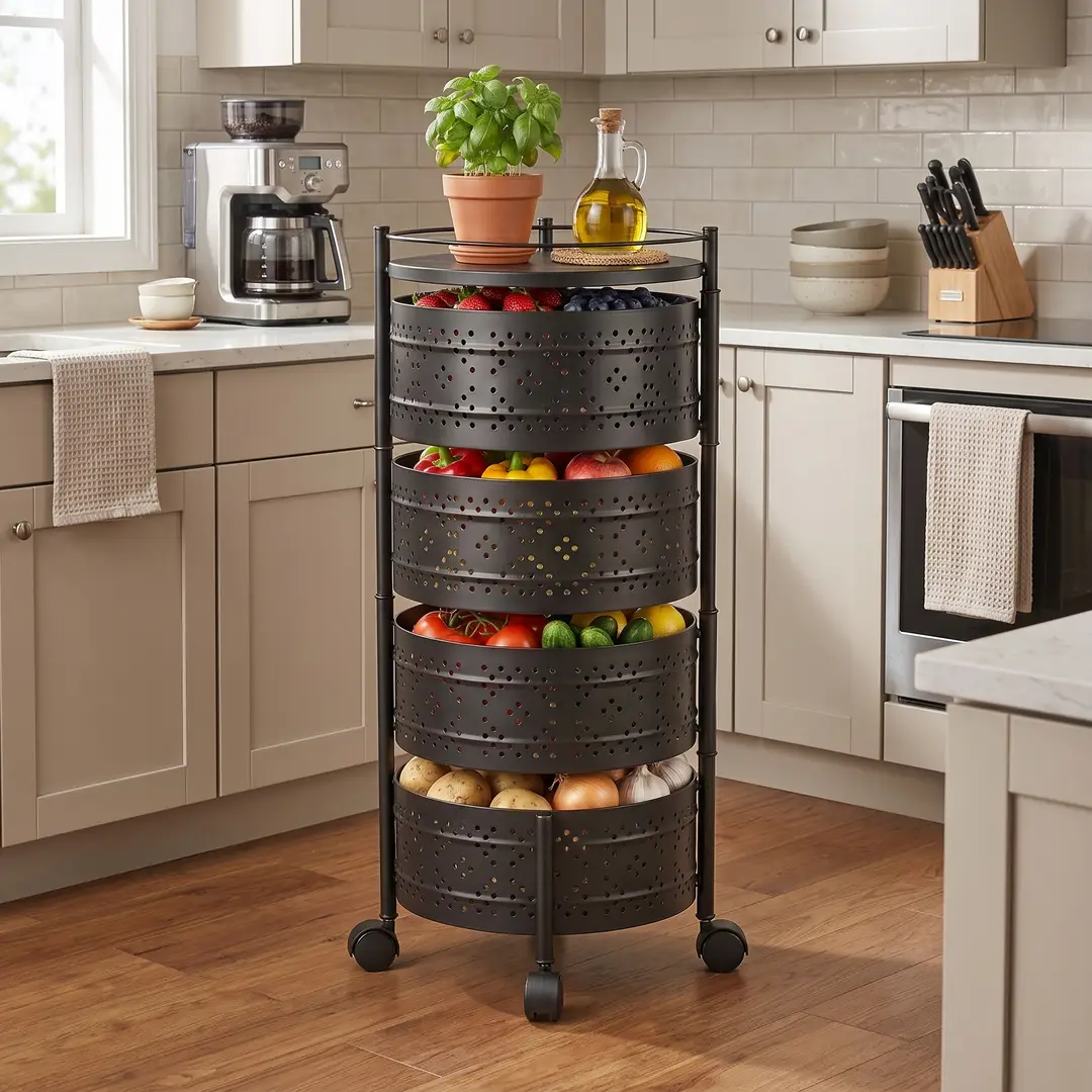 4-Tier Round Shape Rolling Storage Trolley with Wheels | Fruit & Vegetable Basket Drawer Organizer Trolley for Kitchen, Bathroom, Office & Home | Multi-Purpose Storage Rack Stand