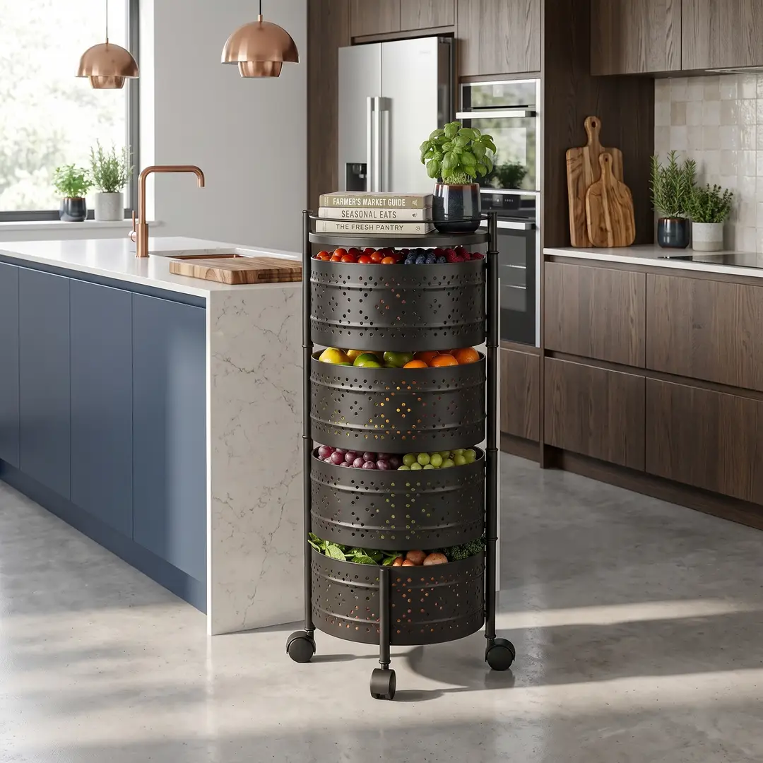 4-Tier Round Shape Rolling Storage Trolley with Wheels | Fruit & Vegetable Basket Drawer Organizer Trolley for Kitchen, Bathroom, Office & Home | Multi-Purpose Storage Rack Stand
