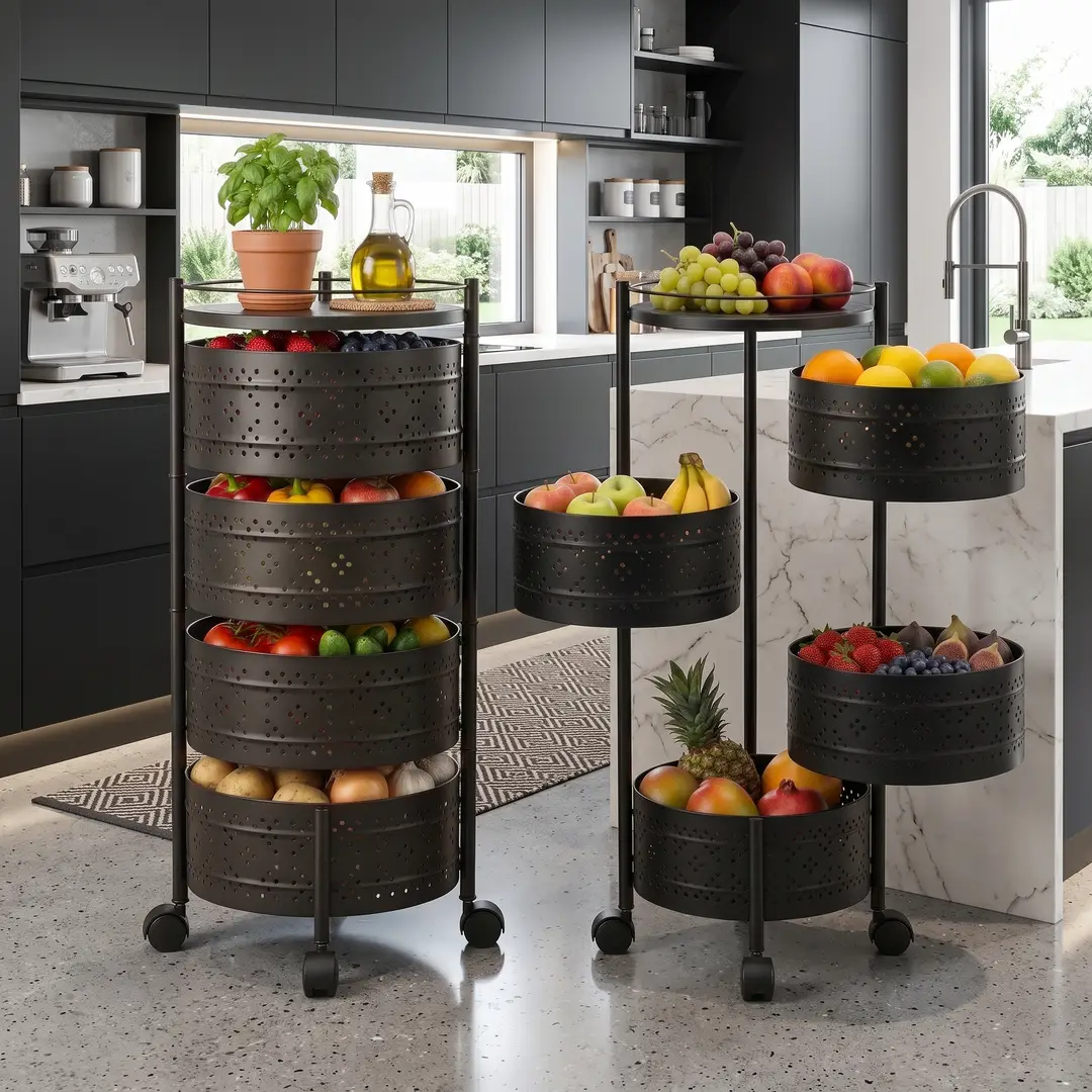 4-Tier Round Shape Rolling Storage Trolley with Wheels | Fruit & Vegetable Basket Drawer Organizer Trolley for Kitchen, Bathroom, Office & Home | Multi-Purpose Storage Rack Stand