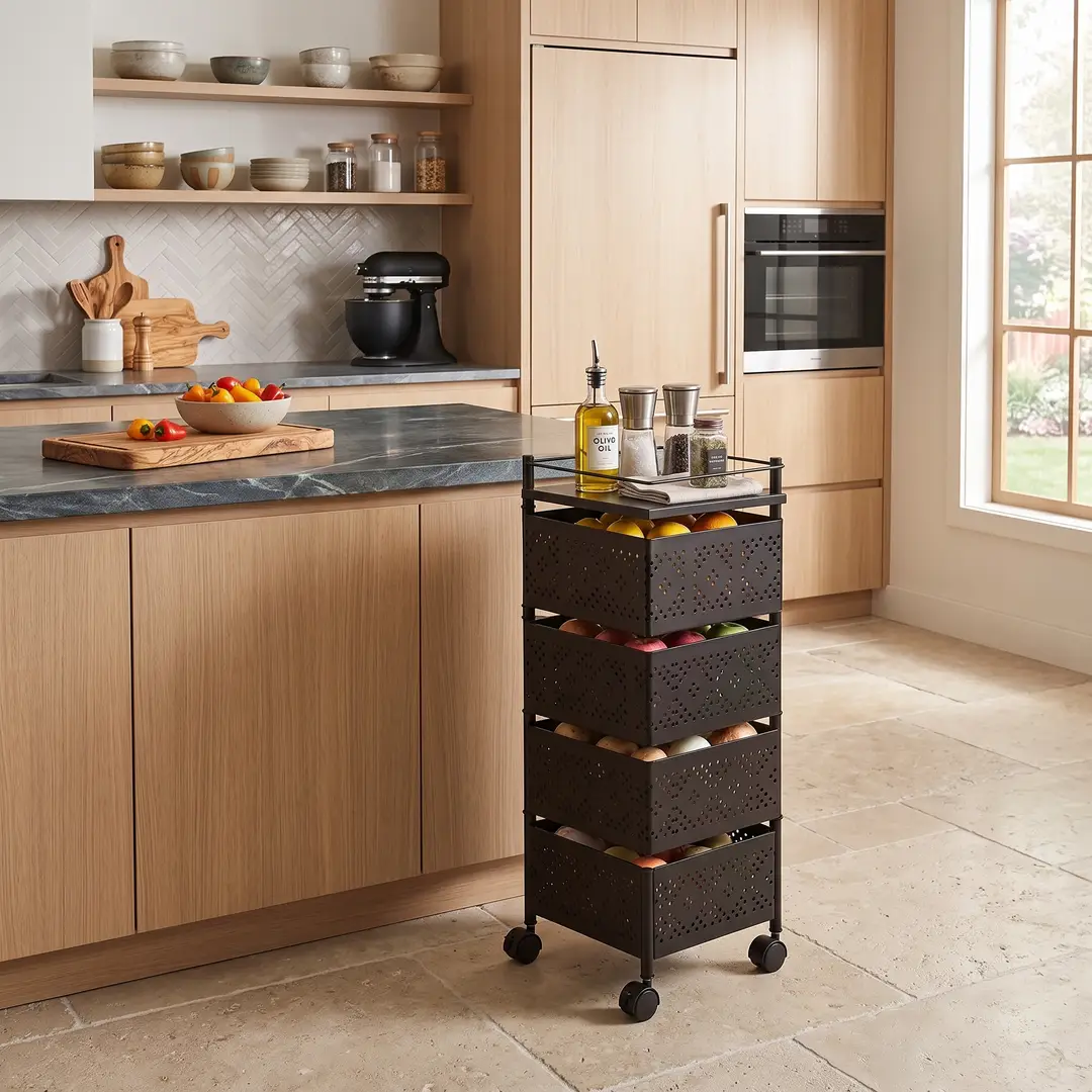 4-Tier Square Shape Rolling Storage Trolley with Wheels | Fruit & Vegetable Basket Drawer Organizer Trolley for Kitchen, Bathroom, Office & Home | Multi-Purpose Storage Rack Stand