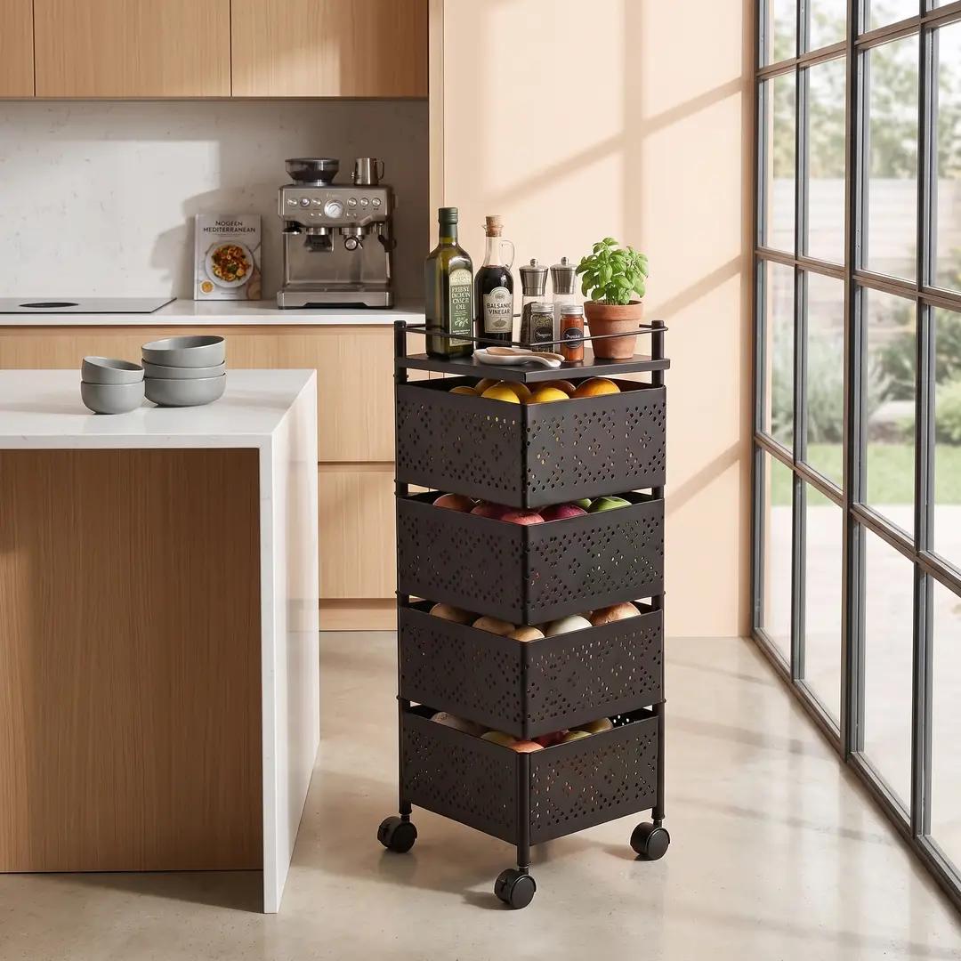 4-Tier Square Shape Rolling Storage Trolley with Wheels | Fruit & Vegetable Basket Drawer Organizer Trolley for Kitchen, Bathroom, Office & Home | Multi-Purpose Storage Rack Stand