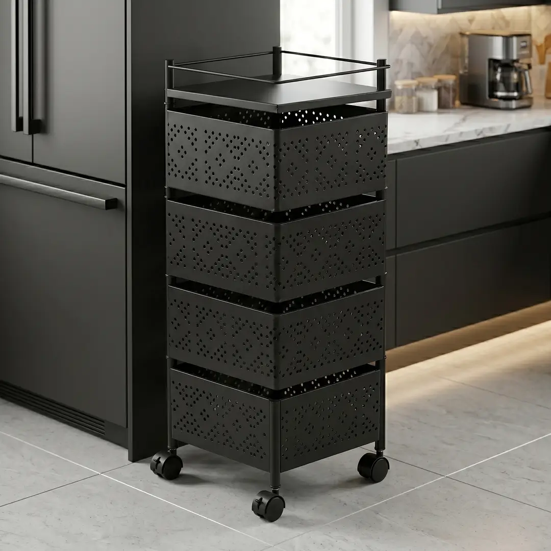 4-Tier Square Shape Rolling Storage Trolley with Wheels | Fruit & Vegetable Basket Drawer Organizer Trolley for Kitchen, Bathroom, Office & Home | Multi-Purpose Storage Rack Stand