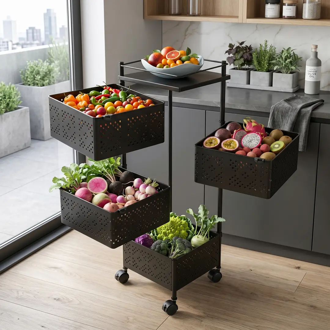 4-Tier Square Shape Rolling Storage Trolley with Wheels | Fruit & Vegetable Basket Drawer Organizer Trolley for Kitchen, Bathroom, Office & Home | Multi-Purpose Storage Rack Stand