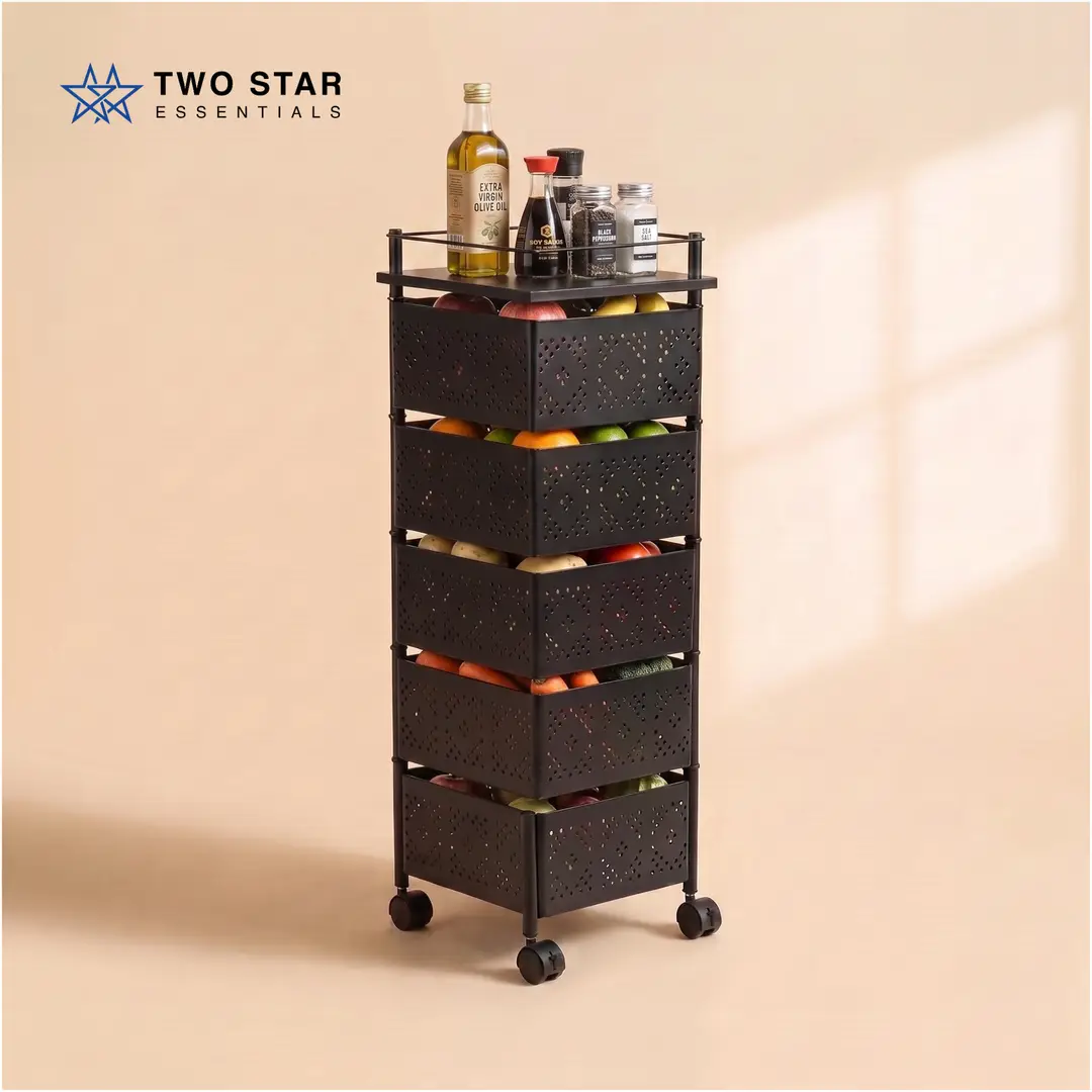 5-Tier Square Shape Rolling Storage Trolley with Wheels | Fruit & Vegetable Basket Drawer Organizer Trolley for Kitchen, Bathroom, Office & Home | Multi-Purpose Storage Rack Stand