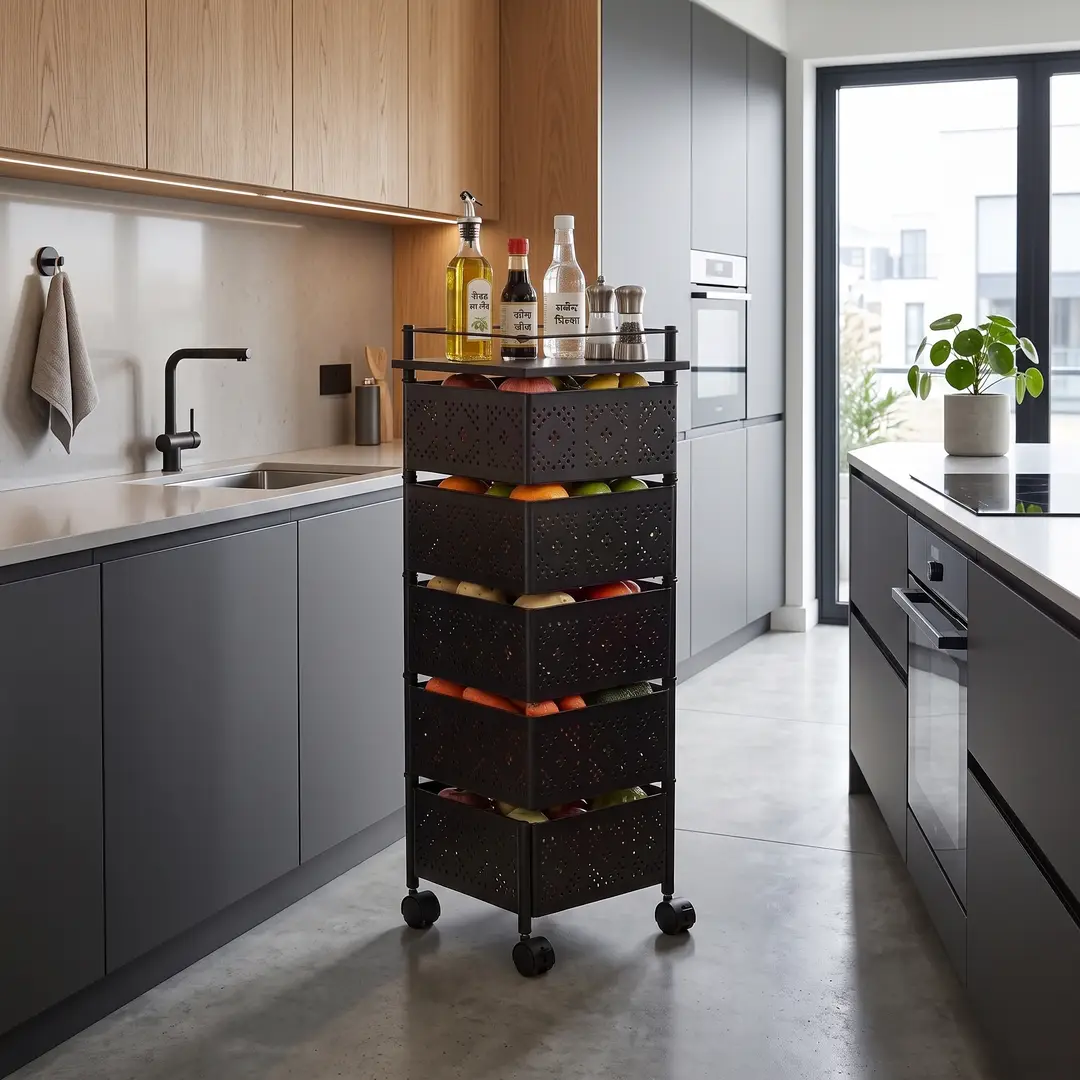 5-Tier Square Shape Rolling Storage Trolley with Wheels | Fruit & Vegetable Basket Drawer Organizer Trolley for Kitchen, Bathroom, Office & Home | Multi-Purpose Storage Rack Stand
