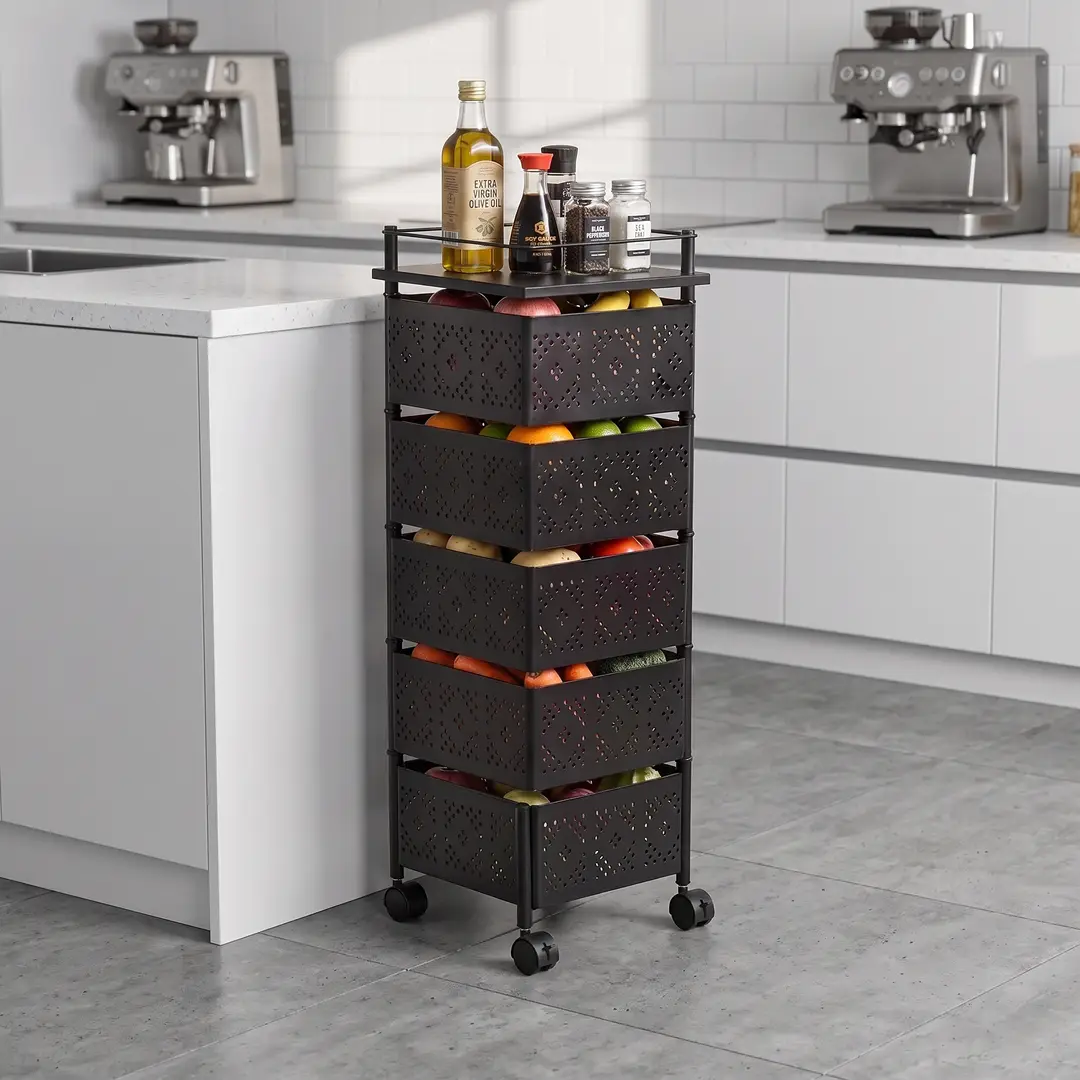 5-Tier Square Shape Rolling Storage Trolley with Wheels | Fruit & Vegetable Basket Drawer Organizer Trolley for Kitchen, Bathroom, Office & Home | Multi-Purpose Storage Rack Stand