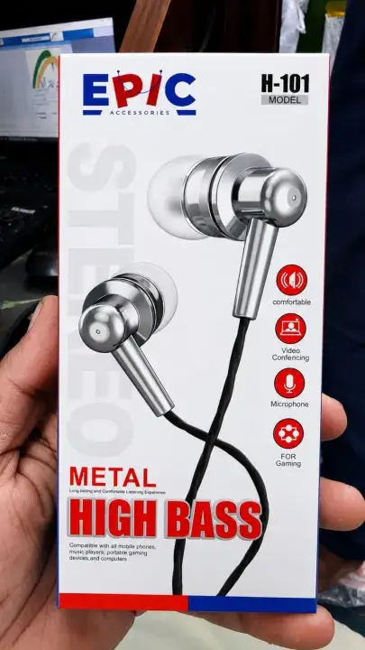 EPIC Metal Wired Earphones High Bass Stereo Handsfree with Mic for Gaming & Calling
