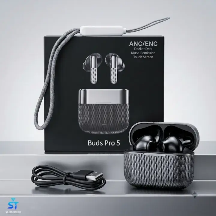 Buds Pro 5 Wireless Earbuds ANC Bluetooth 5.3 TWS Earphones with Mic, Hi-Fi Stereo Sound, Touch Control, Type-C Fast Charging, Long Battery Life ST MOBITECH