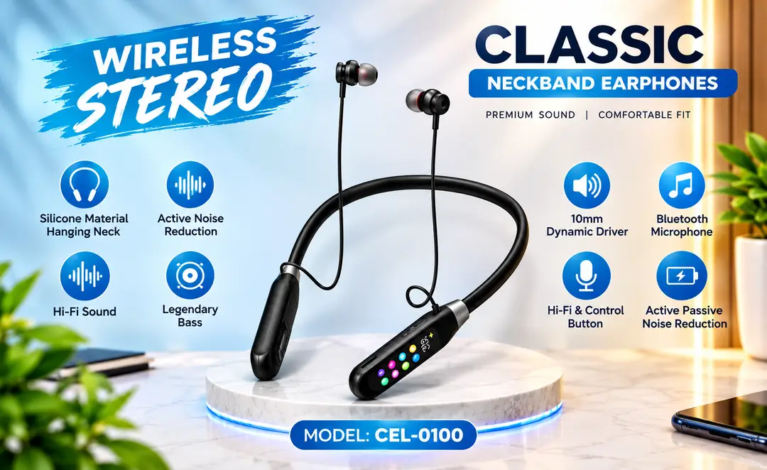 Magnetic Wireless Neckband |Wireless Stereo Classic Headphones for Sports With Clear Mic and Display