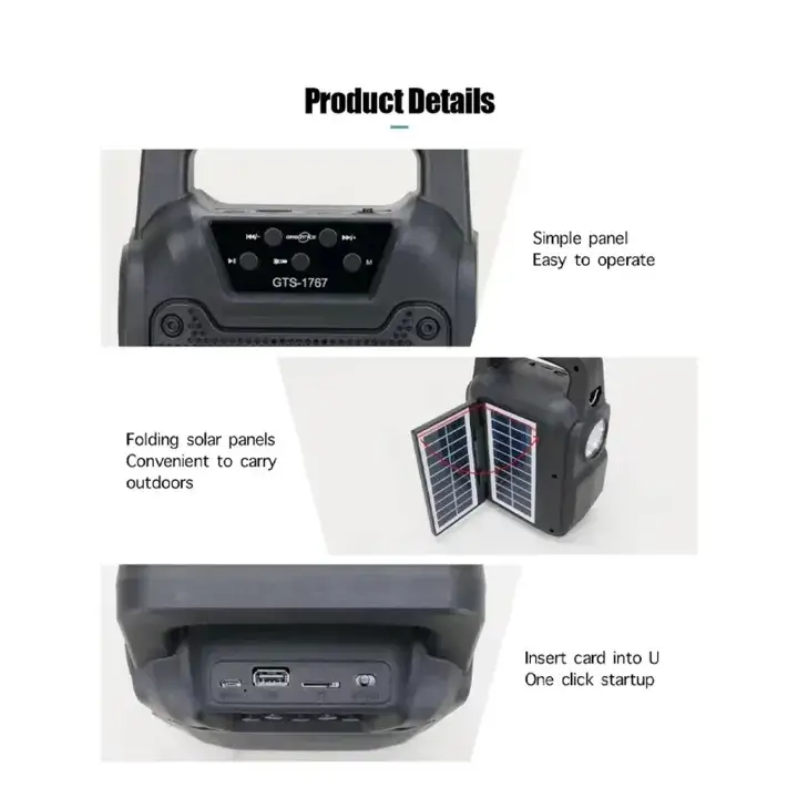 GTS 1767 Solar Charging Wireless Bluetooth Speakers - MP3 Music Player - SD Card FM Radio USB Rechargeable Speaker - 4 inch Drive Size - Greatnice BEST Quality loudspeaker Sound Players Double Solar Wireless Speaker – LED Light Flashlight Portable Speaker