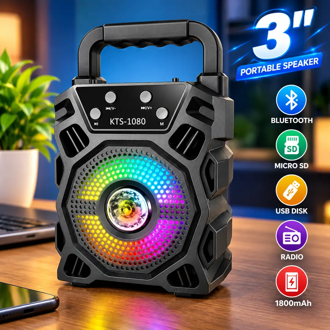 Portable Wireless Speaker,Original KTS 1080 Bluetooth Wireless Speaker / Support USB - SD Card - 3 Inches Device / Mini and Loud Speaker with LED Disco Light {Ever Trend}