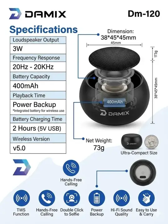 DAMIX Dm-120 Mini Metal Wireless Speaker | TWS Bluetooth 5.0 | Portable Audio with Selfie Remote