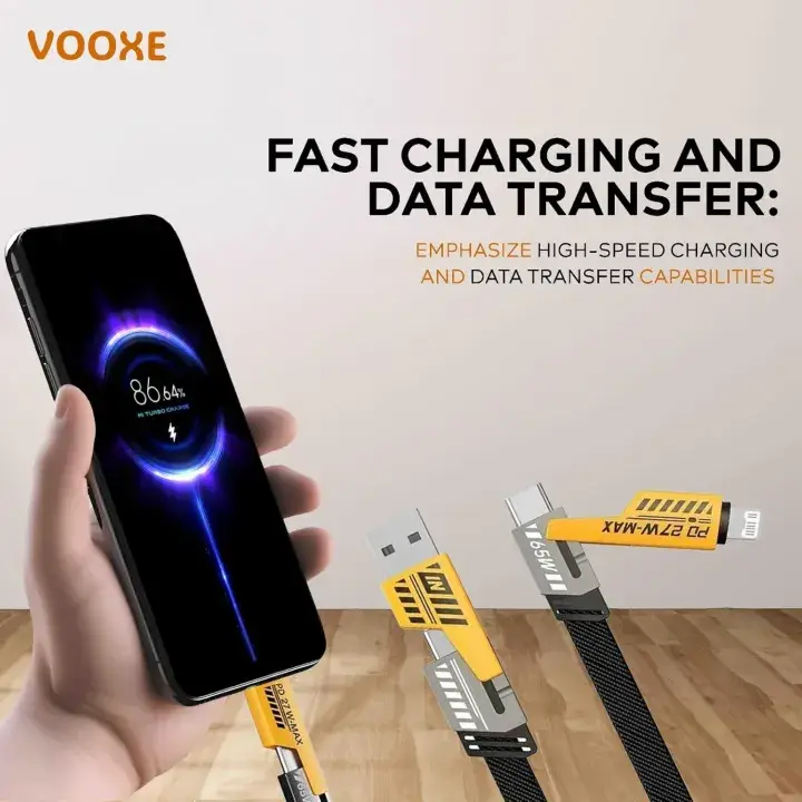 VOOXE 4-in-1 65W Fast Charging Magnetic Cable | USB-A to Type-C, Type-C to Laptop | Nylon Braided, Multi-Purpose Data Cable