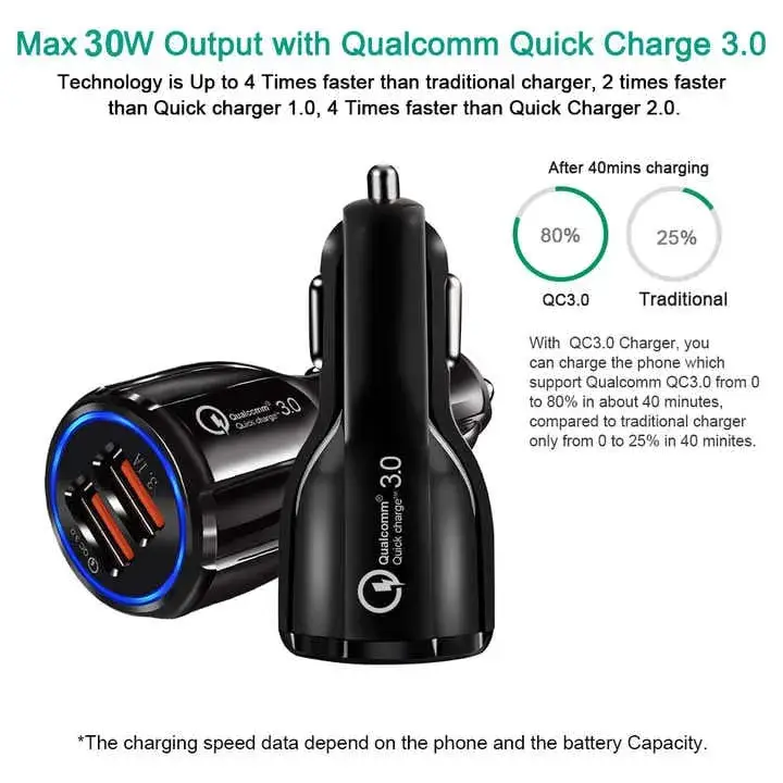 Dual USB Fast Car Charger Adapter Qualcomm 3.0 2-Port/3-Port 18W to 35W Charging Plug