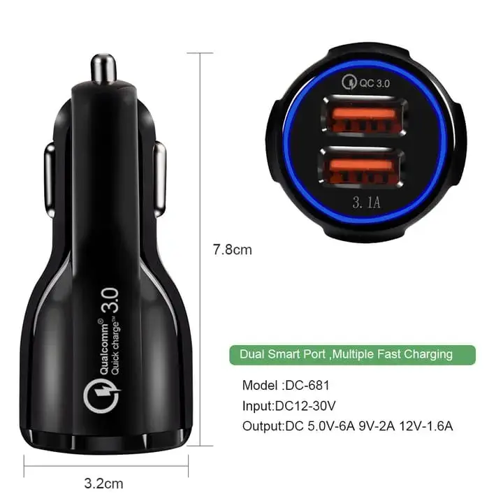 Dual USB Fast Car Charger Adapter Qualcomm 3.0 2-Port/3-Port 18W to 35W Charging Plug
