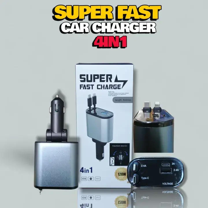 4 IN 1 Retractable Car Phone fast Charger 120W Car Charger USB C Cable For Huawei Samsung Fast Charge Cord Cigarette Lighter Adapter PD QC3.0 Mobile Chargers