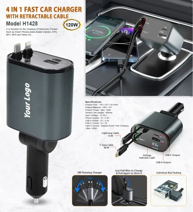 4 IN 1 Retractable Car Phone fast Charger 120W Car Charger USB C Cable For Huawei Samsung Fast Charge Cord Cigarette Lighter Adapter PD QC3.0 Mobile Chargers