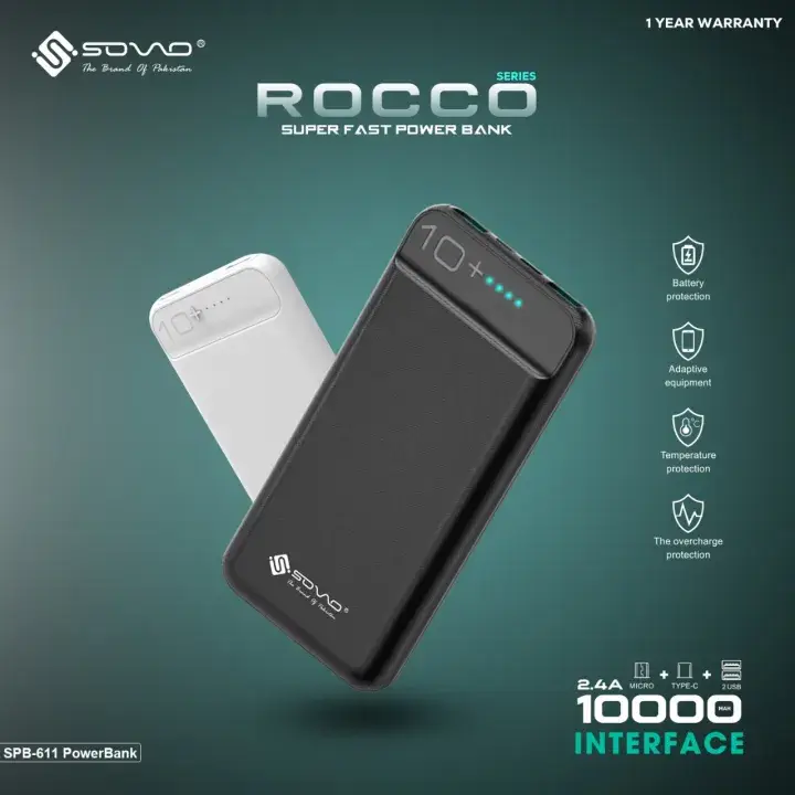 ROCCO SPB-611 High-Capacity Power Bank 10000mAh with Dual USB Ports and Built-in Charger - New