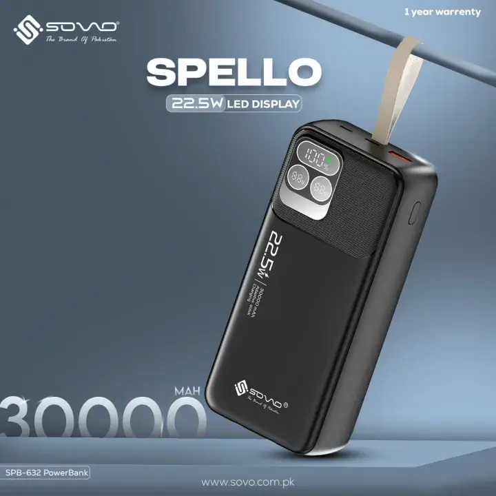 30000mAh Power Bank Fast Charging 22.5W PD20W Built-in Cable Portable Charger Digital Display With 1 Year Brand Warranty