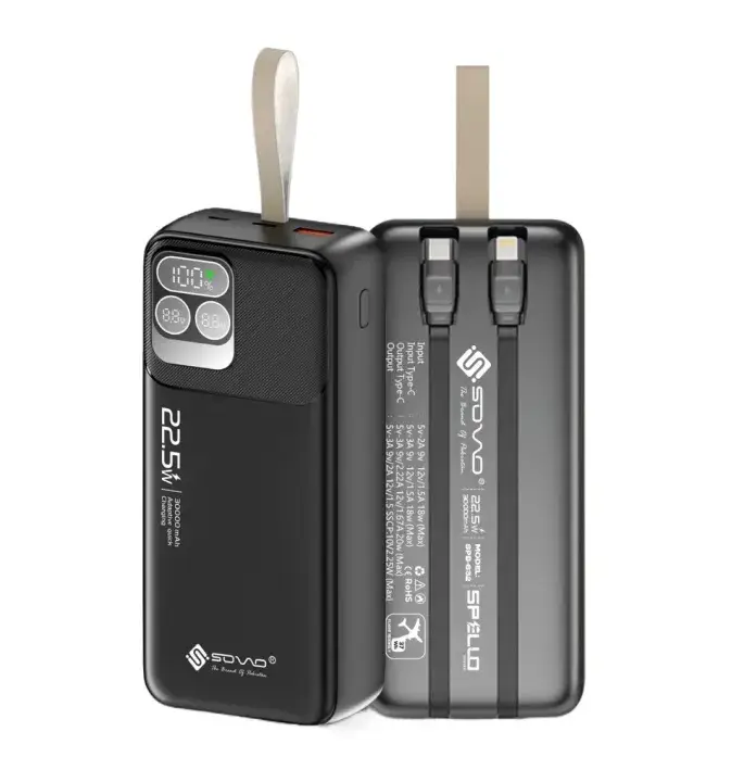 30000mAh Power Bank Fast Charging 22.5W PD20W Built-in Cable Portable Charger Digital Display With 1 Year Brand Warranty