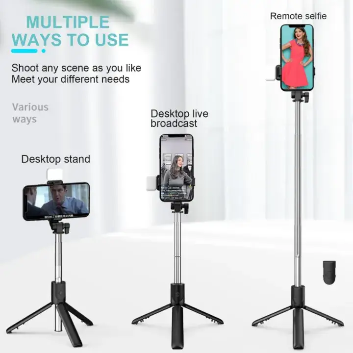 4 in 1 Wireless Selfie Stick Foldable Mini Tripod Stand R1S Tripod (WITH LED LIGHT) | R1 (Without Light) Selfie Light Mobile Holder With Fill Light Shutter Remote Control For IOS Android | For Tiktok Vlogging Photography