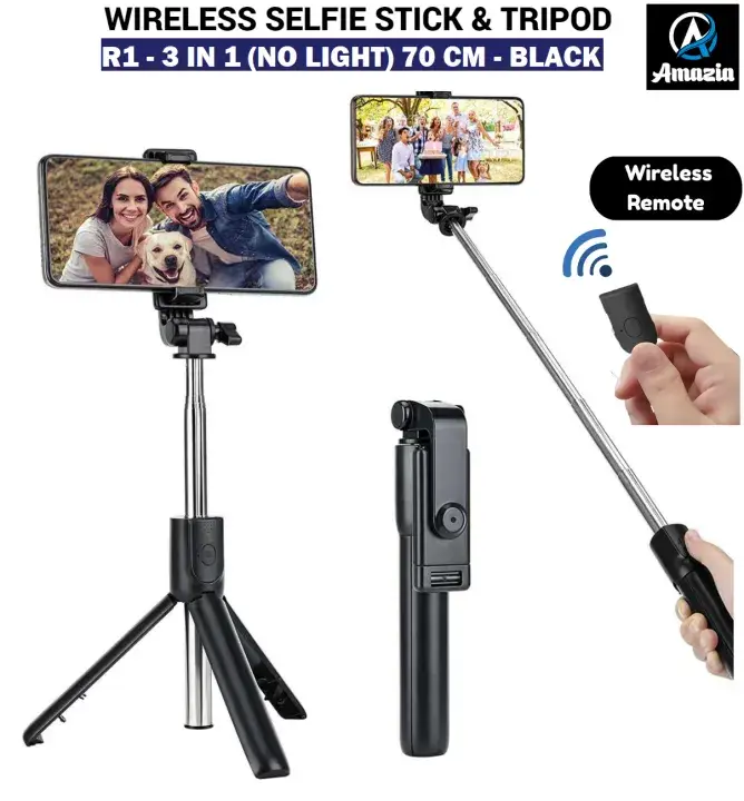 4 in 1 Wireless Selfie Stick Foldable Mini Tripod Stand R1S Tripod (WITH LED LIGHT) | R1 (Without Light) Selfie Light Mobile Holder With Fill Light Shutter Remote Control For IOS Android | For Tiktok Vlogging Photography