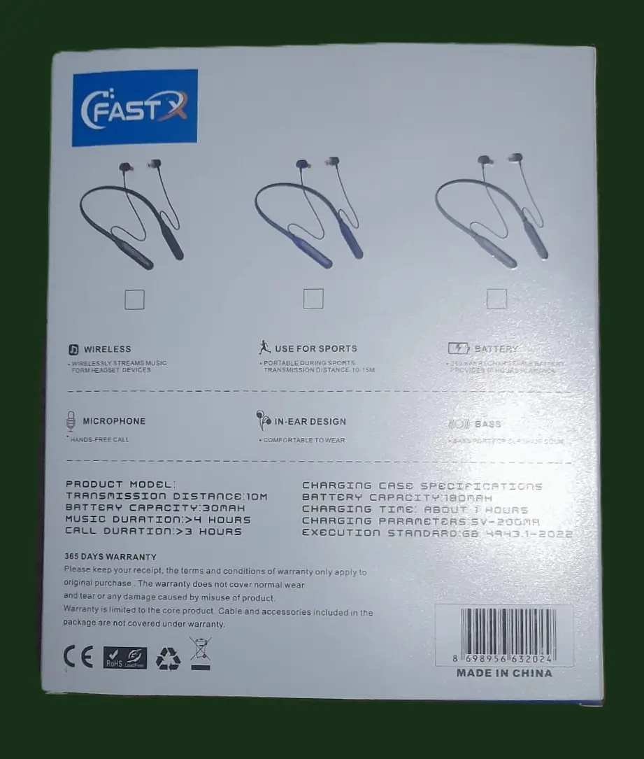 Fast Black Power On/Off, Answer, Redial, Hang Up, Play, Pause, Next Track 90 Wireless Neckband