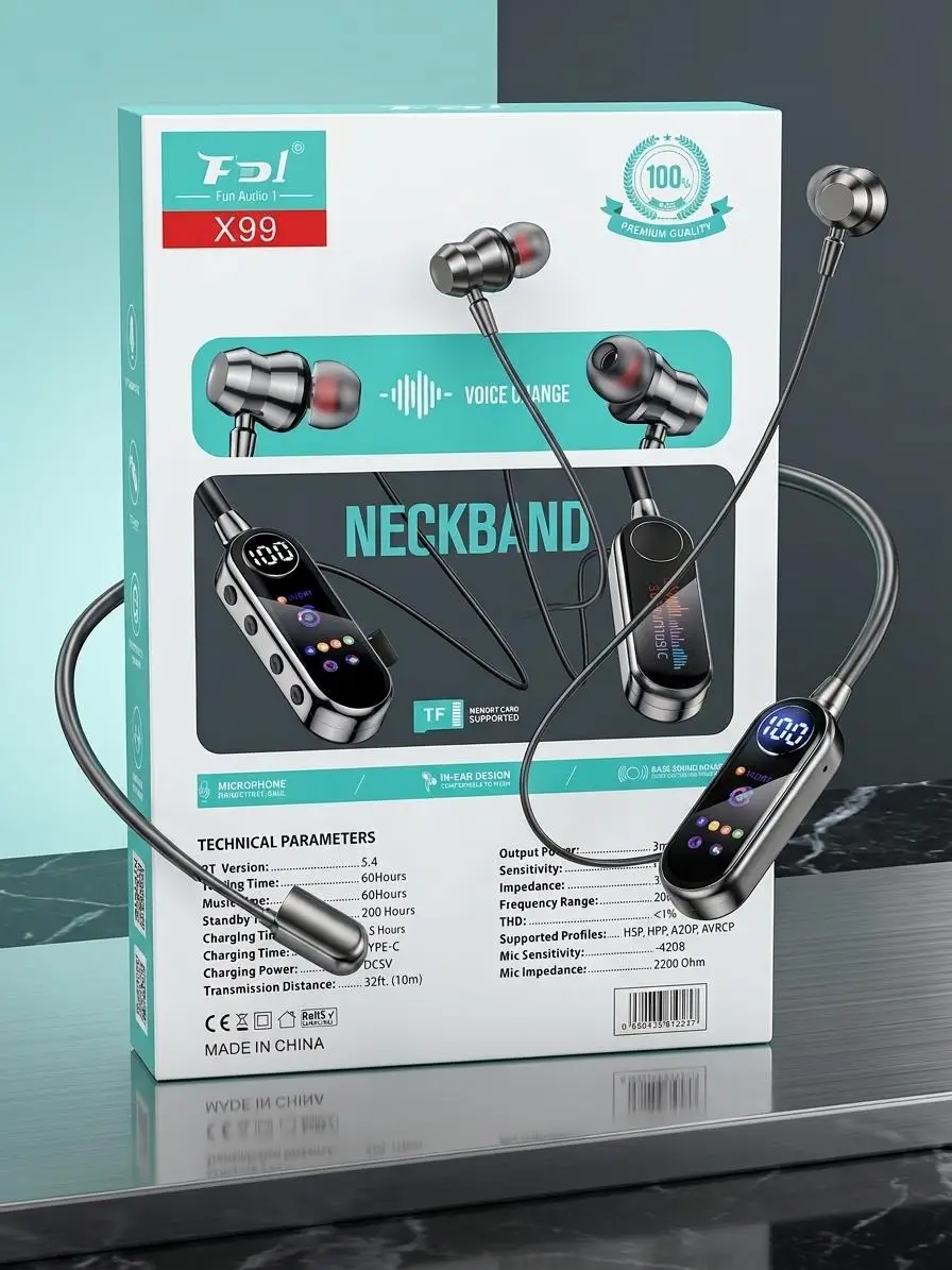 X99 Wireless Neckband Headset Bluetooth 5.4 with Digital Display, Magnetic Earbuds & Memory Card Support