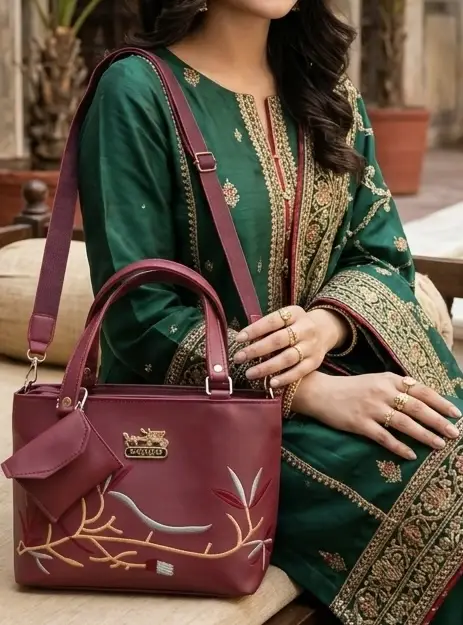 Girl's Leather Embroidered Hand Bag With mini pouch