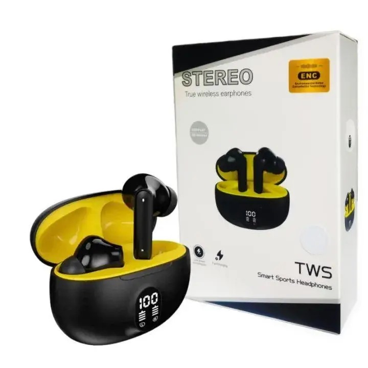 True Wireless Stereo Earbuds Black Yellow Battery Display