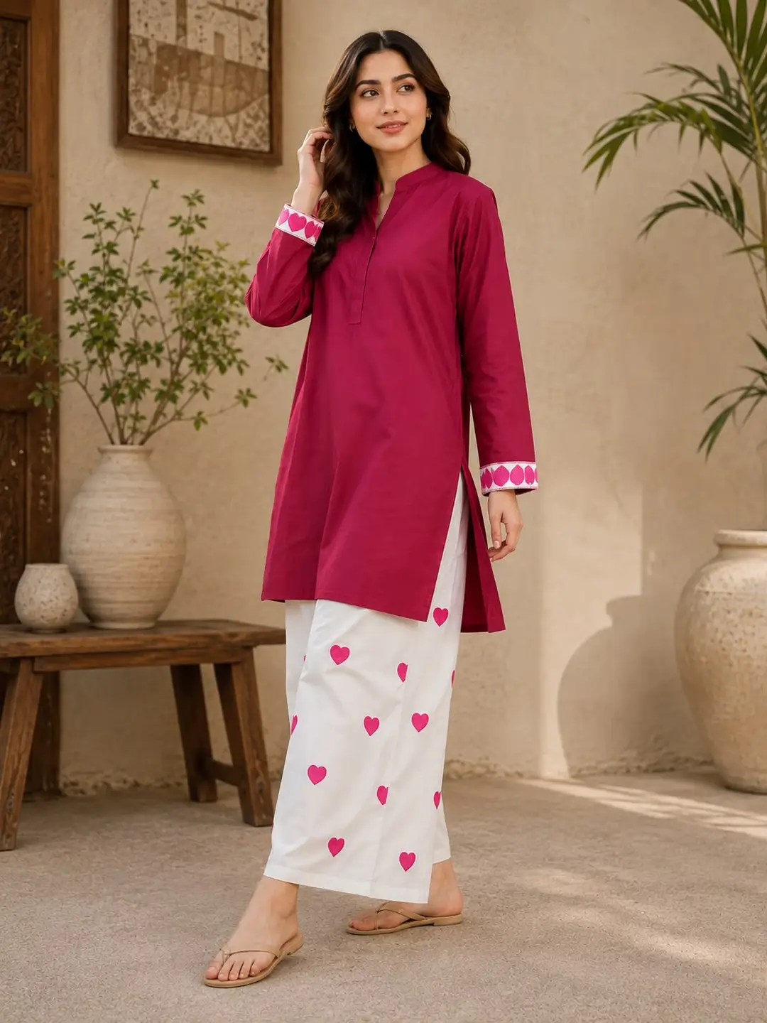 2 Pcs Women's Stitched Cotton Embroidered Shirt And Trouser