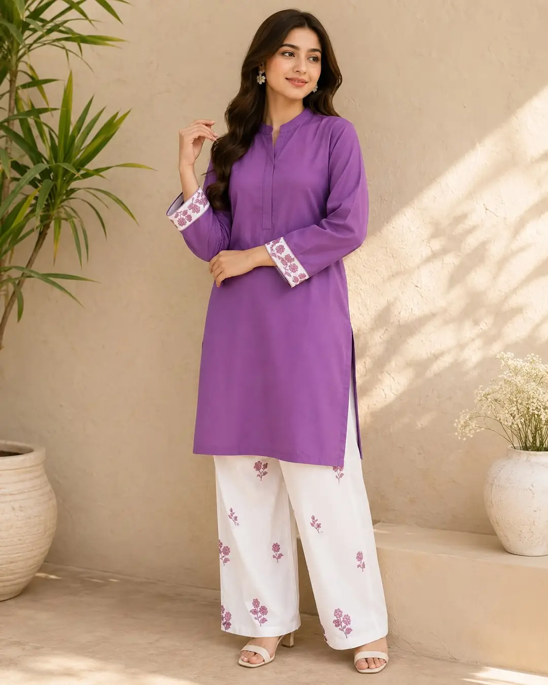 2 Pcs Women's Stitched Cotton Embroidered Shirt And Trouser