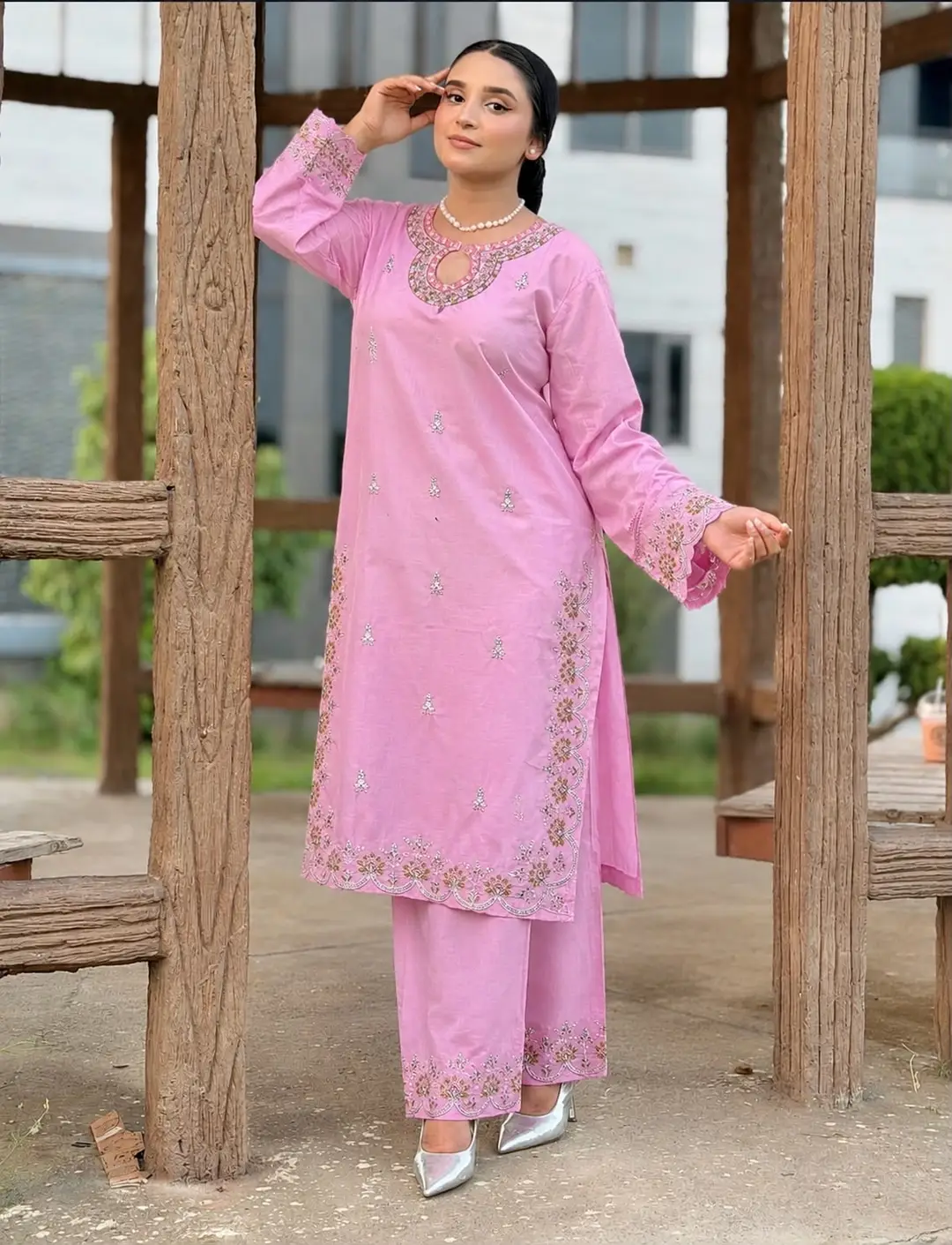 2 Pcs Women's Stitched Cotton Embroidered Shirt And Trouser