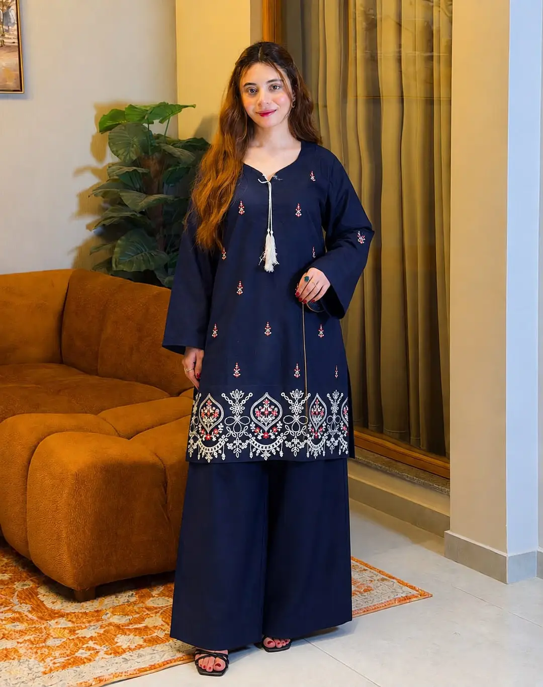 2 Pcs Women's Stitched Cotton Jacquard Embroidered Shirt And Trouser