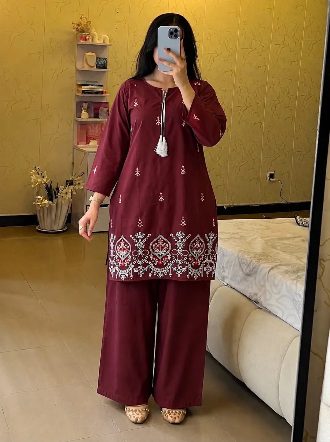 2 Pcs Women's Stitched Cotton Jacquard Embroidered Shirt And Trouser