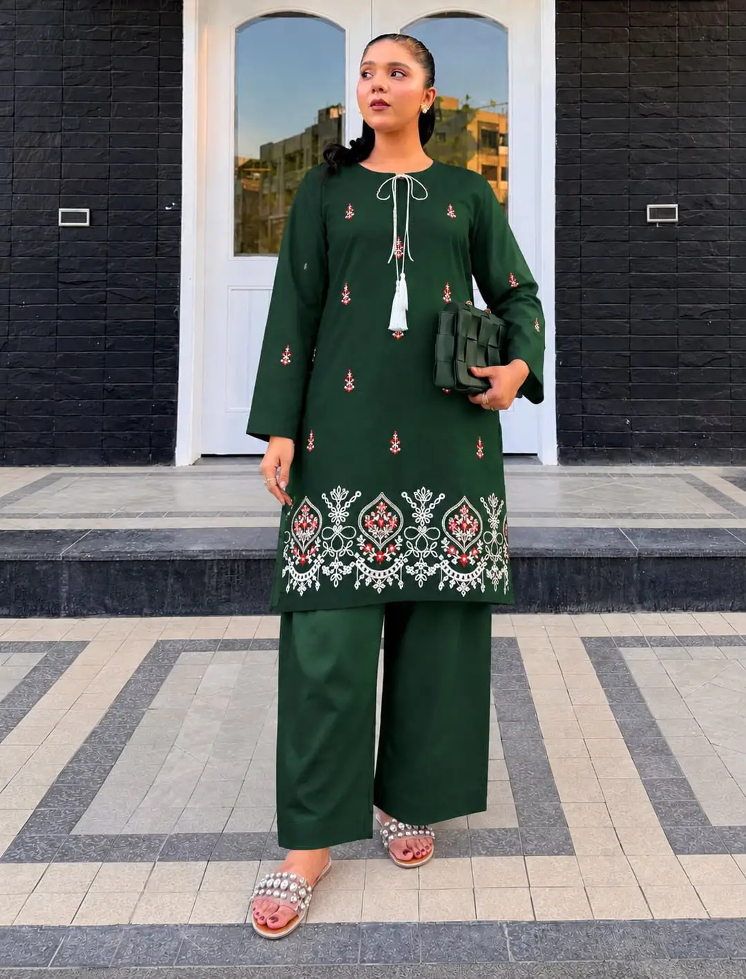 2 Pcs Women's Stitched Cotton Jacquard Embroidered Shirt And Trouser
